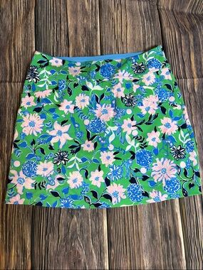 Lilly Pulitzer Green Floral Mini Skirt/skort with Pink & Blue Blooms (0021)
